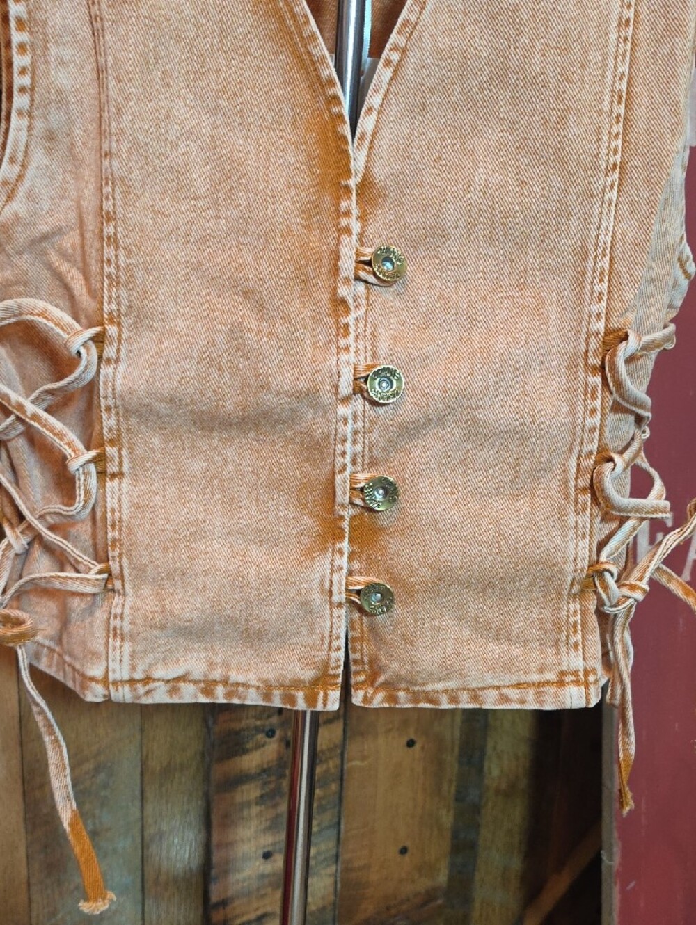 193p Washed Rust Sleeveless Lace-Up Button Vest - Picture 6 of 11